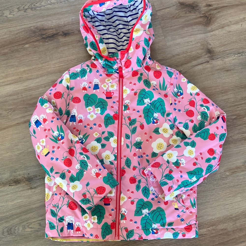 Mini Boden 8-9 Pink Cat Strawberry Zip Up Rain Jacket Coat w/ Hood